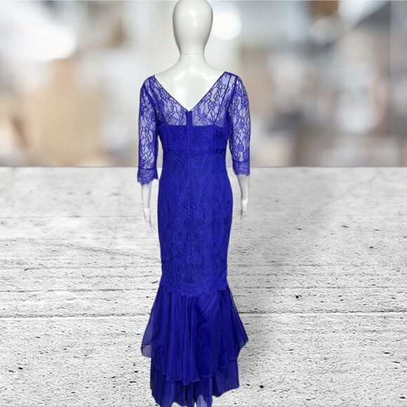 Rickie Freeman Blue Lace 3/4 Sleeve Long Dress Gown - Picture 6 of 8